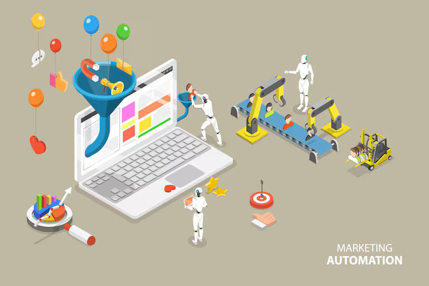 Marketing automation and CRM integration showing lead capture, email workflows, CRM sync, segmentation, and campaign analytics